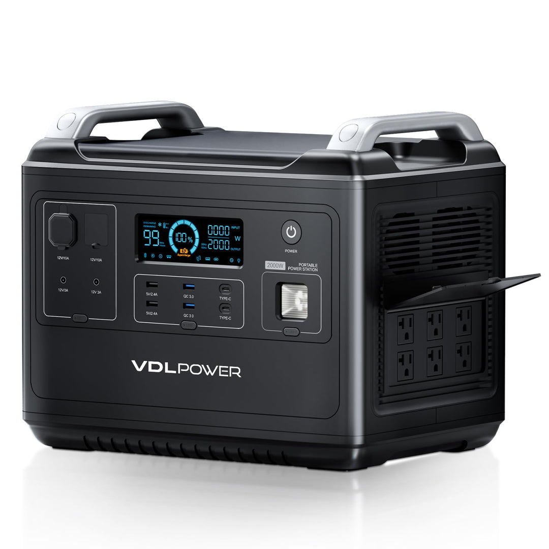 VDL Portable Power Station, HS2000 Solar Generator, 2000W/1997Wh LiFePO4 Battery Backup with 6 AC Outlets,2 USB-C Ports 100W Max, UPS Power Supply, LED Light for Home Emergency, RV, Camping