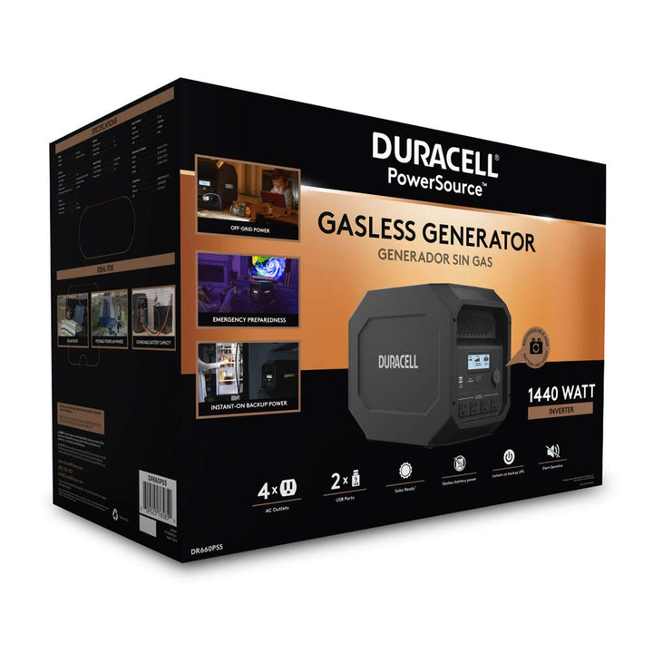 Duracell Power Source Electric Generator, Solar Capable, Gasless, Quiet, 1440W Output Power Inverter, High Capacity Power Bank