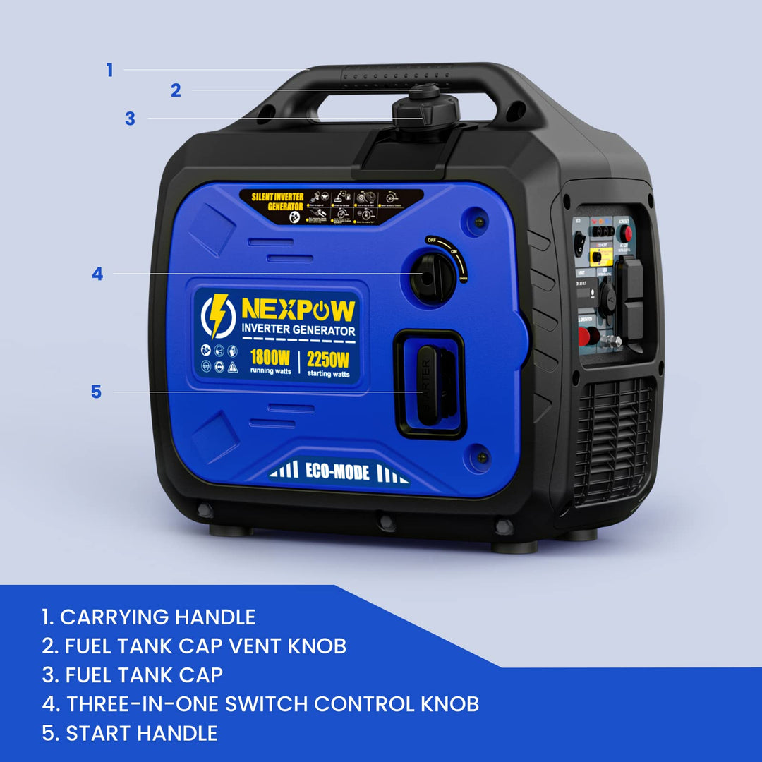 NEXPOW Portable Inverter Generator, 2250W Super Quiet Generator with CO Alarm Ideal,Eco-Mode Feature, Parallel Capability,EPA Compliant,and 5v/3A USB Outlet,Lightweight For Backup Home Us& Camping