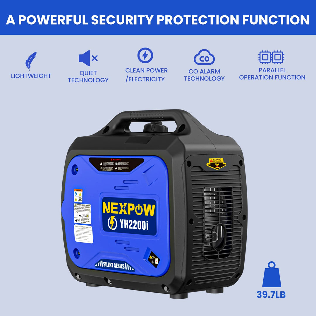 NEXPOW Portable Inverter Generator, 2250W Super Quiet Generator with CO Alarm Ideal,Eco-Mode Feature, Parallel Capability,EPA Compliant,and 5v/3A USB Outlet,Lightweight For Backup Home Us& Camping